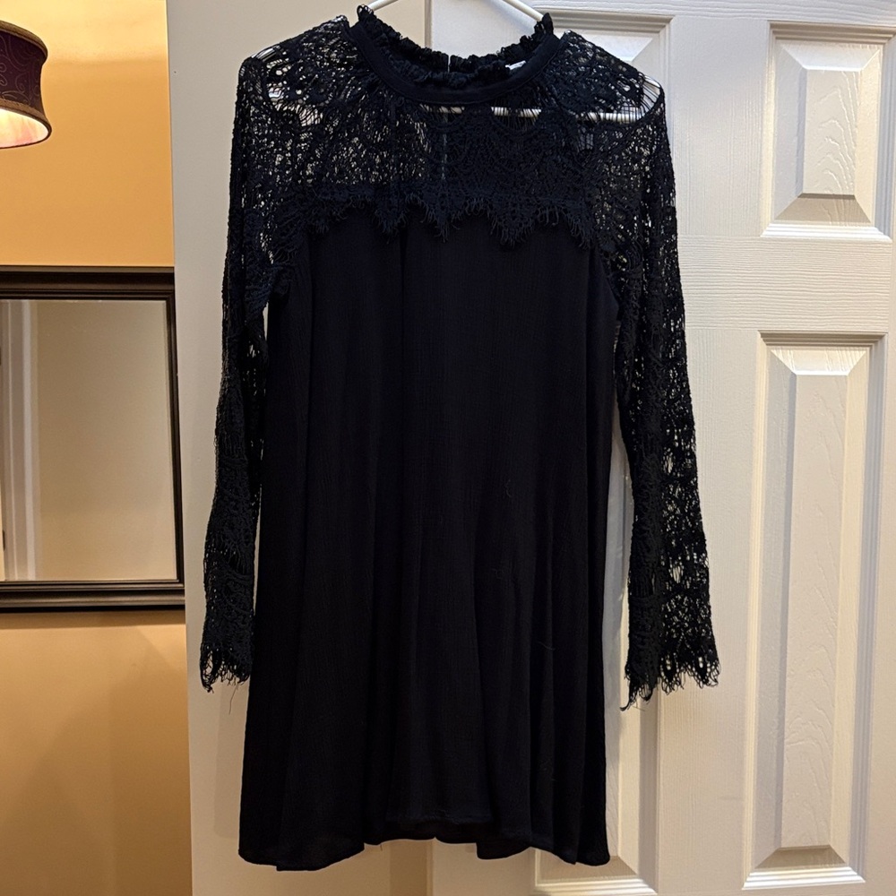 Love Riche Black Lace Mini Dress Small Gauze-like with lace detail. Lined EUC